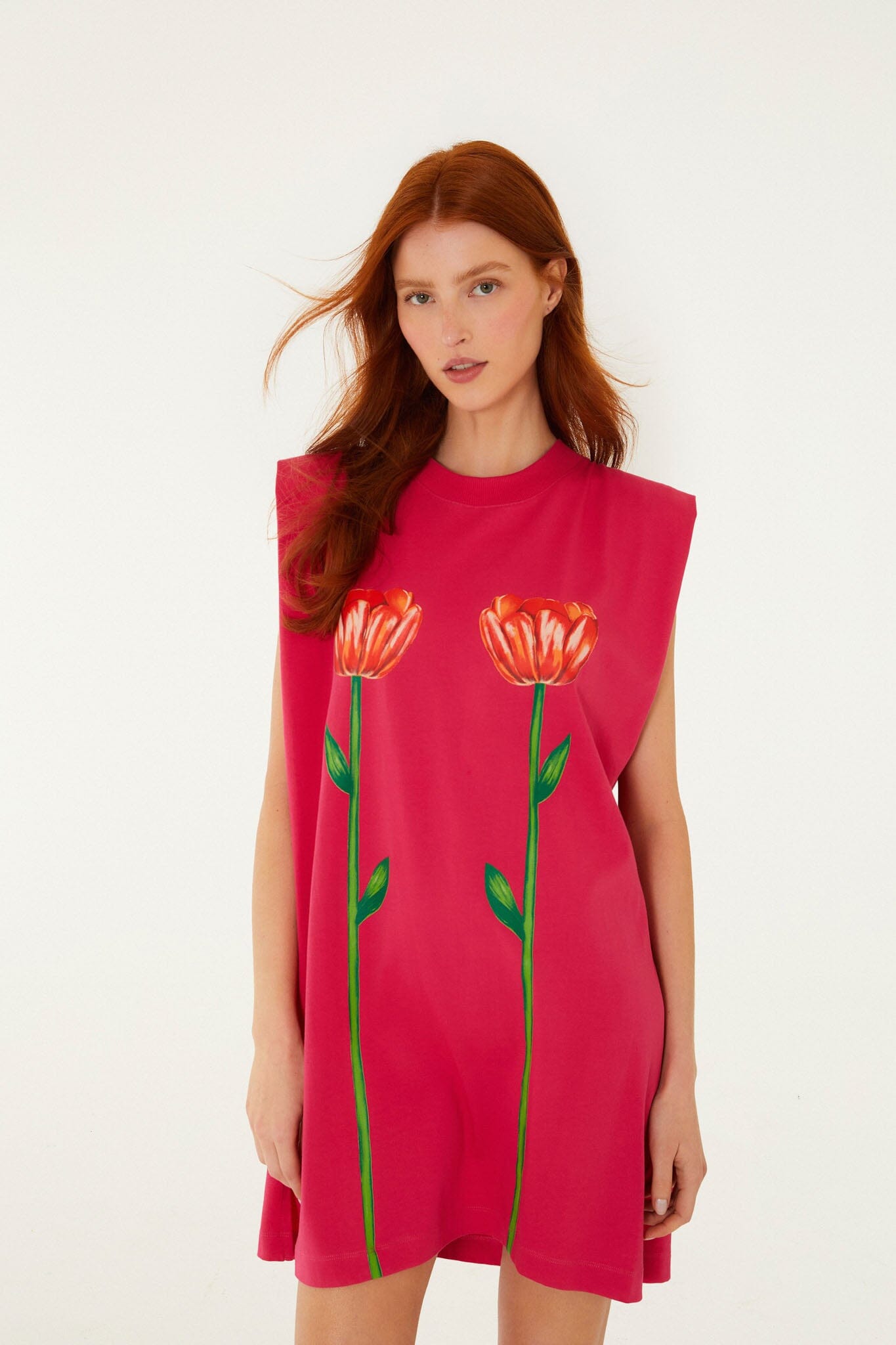 FARM Rio Shop Pink Tropical Rose Padded Shoulders Organic Cotton Mini Dress
