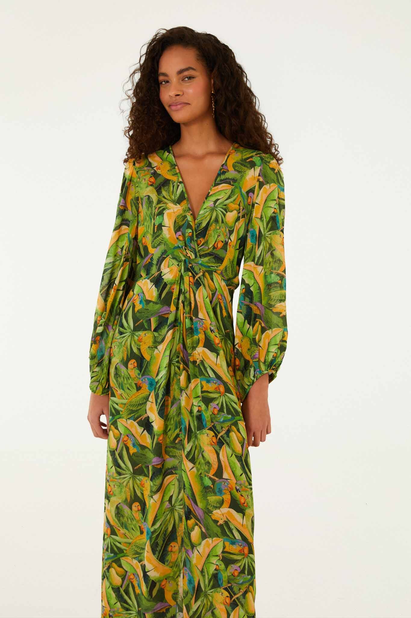 FARM Rio Shop Forest Green Parrots Long Sleeve Dress