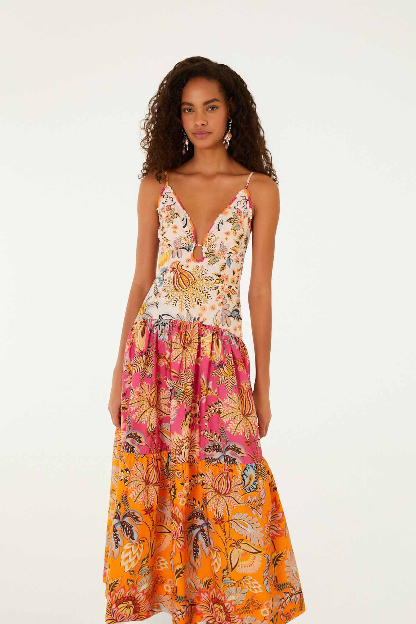 FARM Rio Shop Multicolor Ligia Floral Mix Organic Cotton Maxi Dress