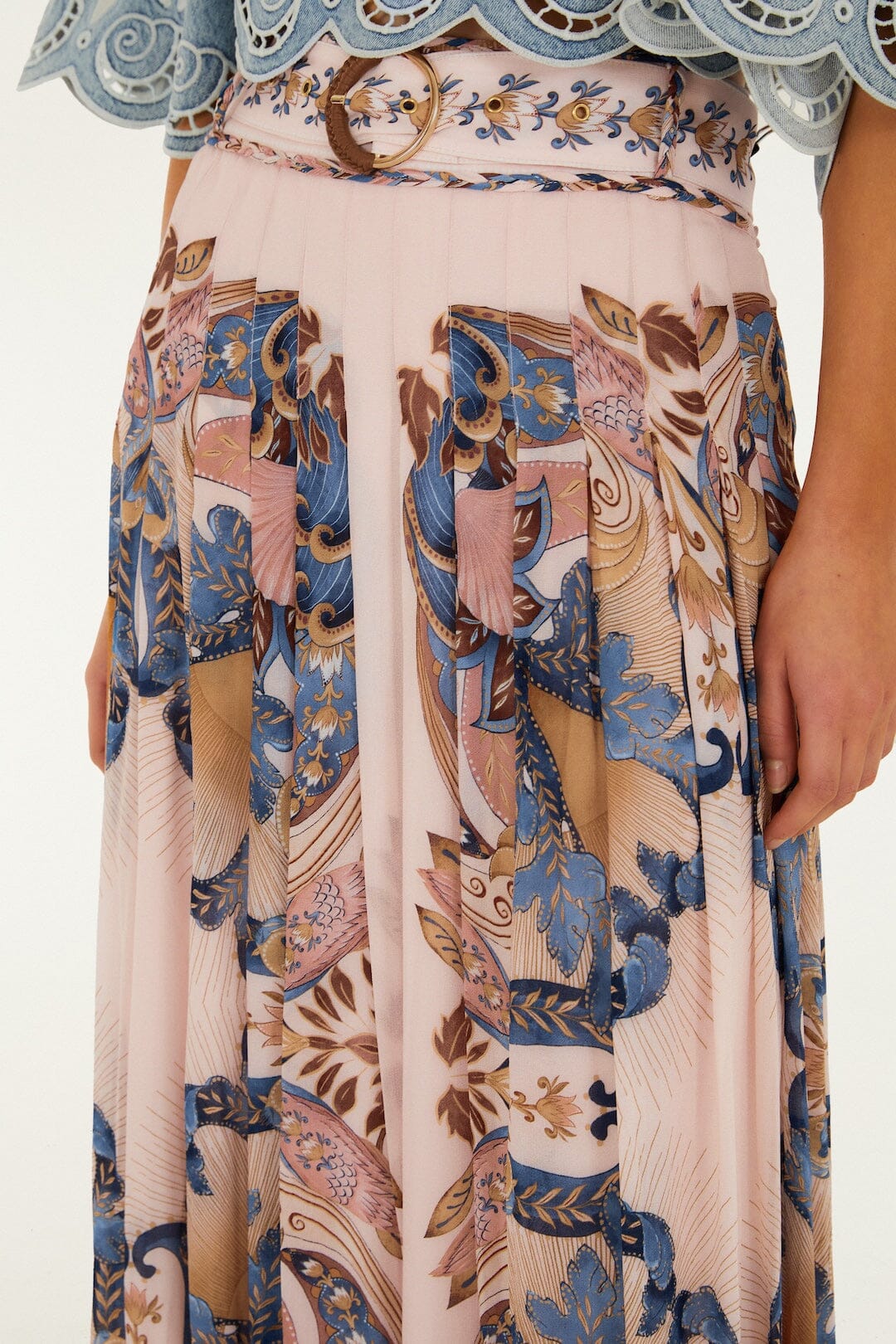 FARM Rio Shop Soft Pink Sea Garden Scarf Pleated Maxi Skirt