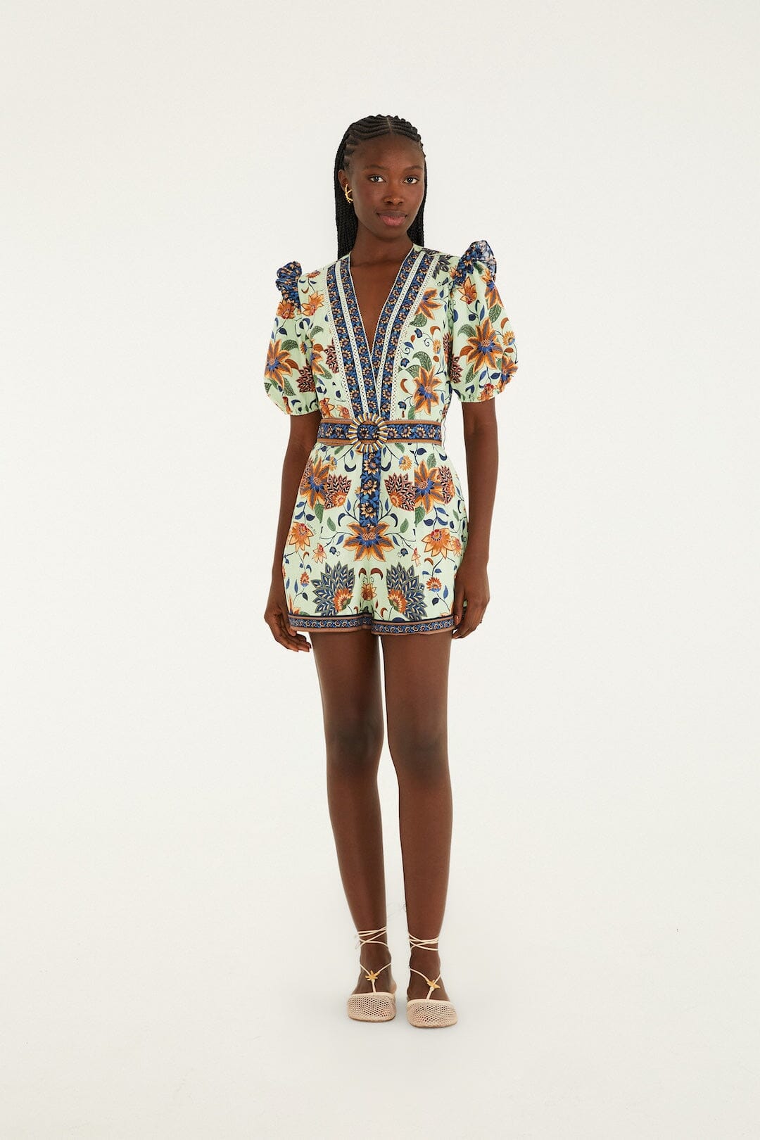 FARM Rio Shop Light Green Floral Delhi Tapestry Belted Organic Cotton Romper