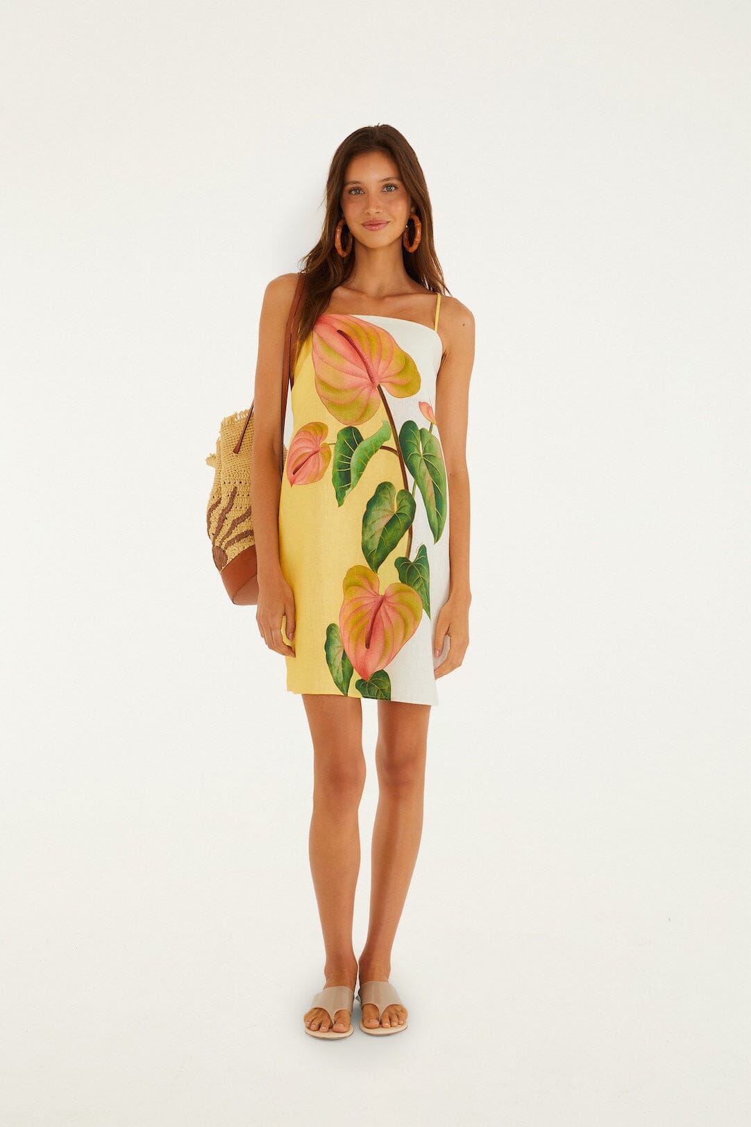 FARM Rio Shop Golden Yellow Anthurium Square Neck Mini Dress