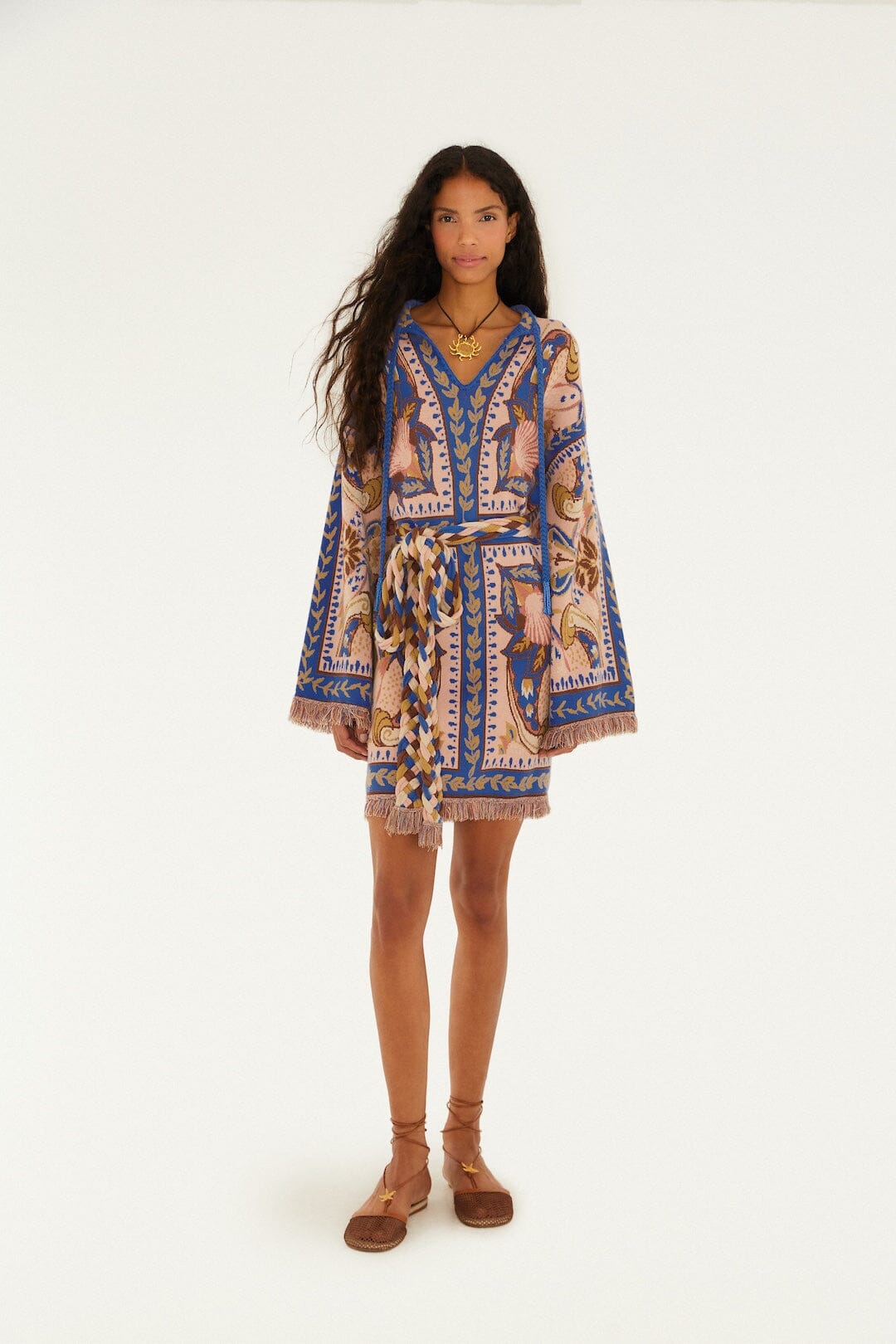 FARM Rio Shop Blue Sea Garden Scarf Tassels Knit Mini Dress