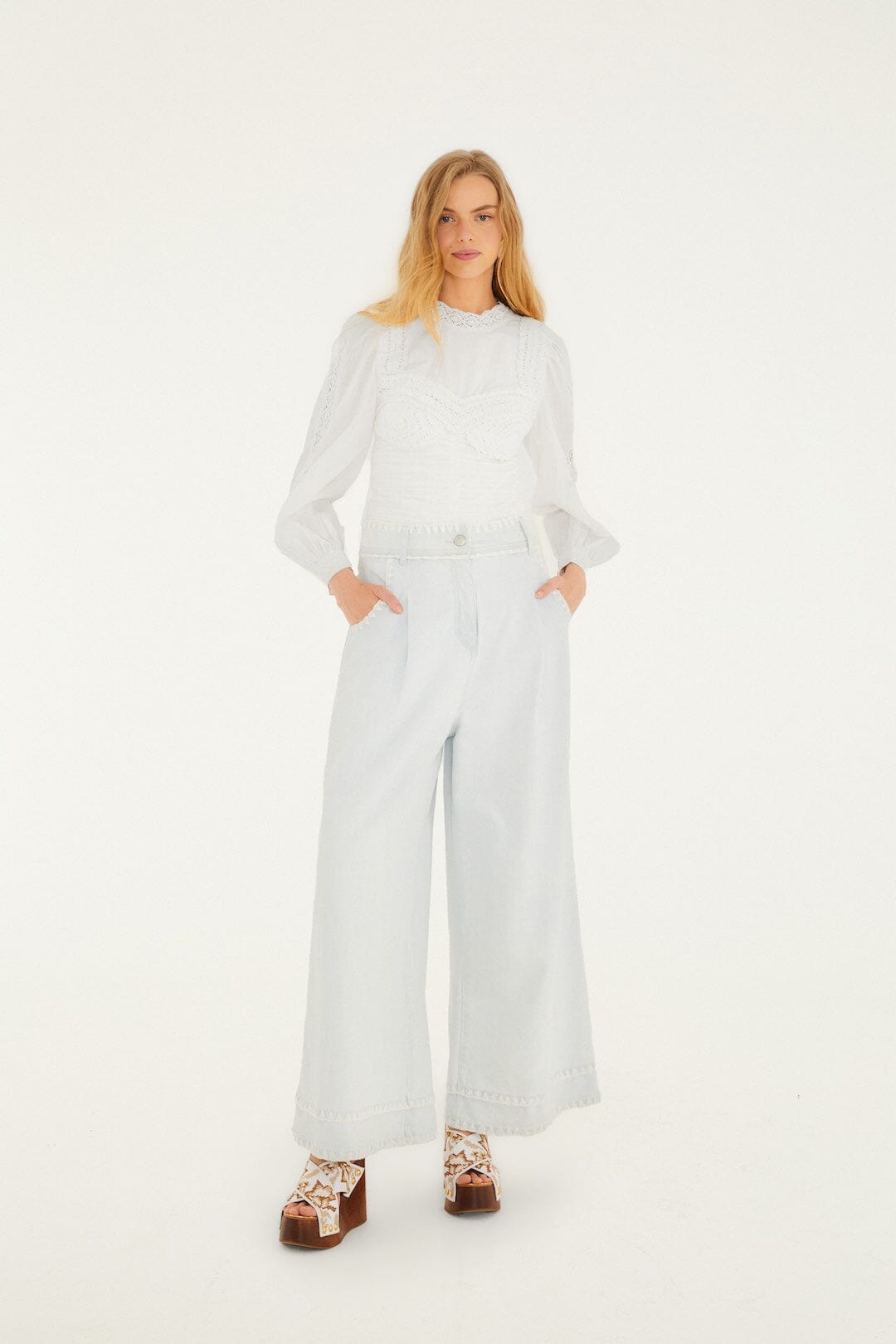 FARM Rio Sale Off-White Crew Neck Long Sleeve Crochet Blouse