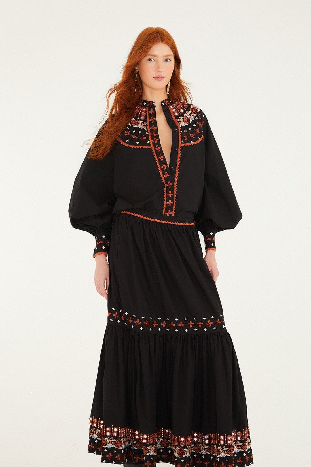 FARM Rio Sale by Type Black Embroidered Tiered Maxi Skirt