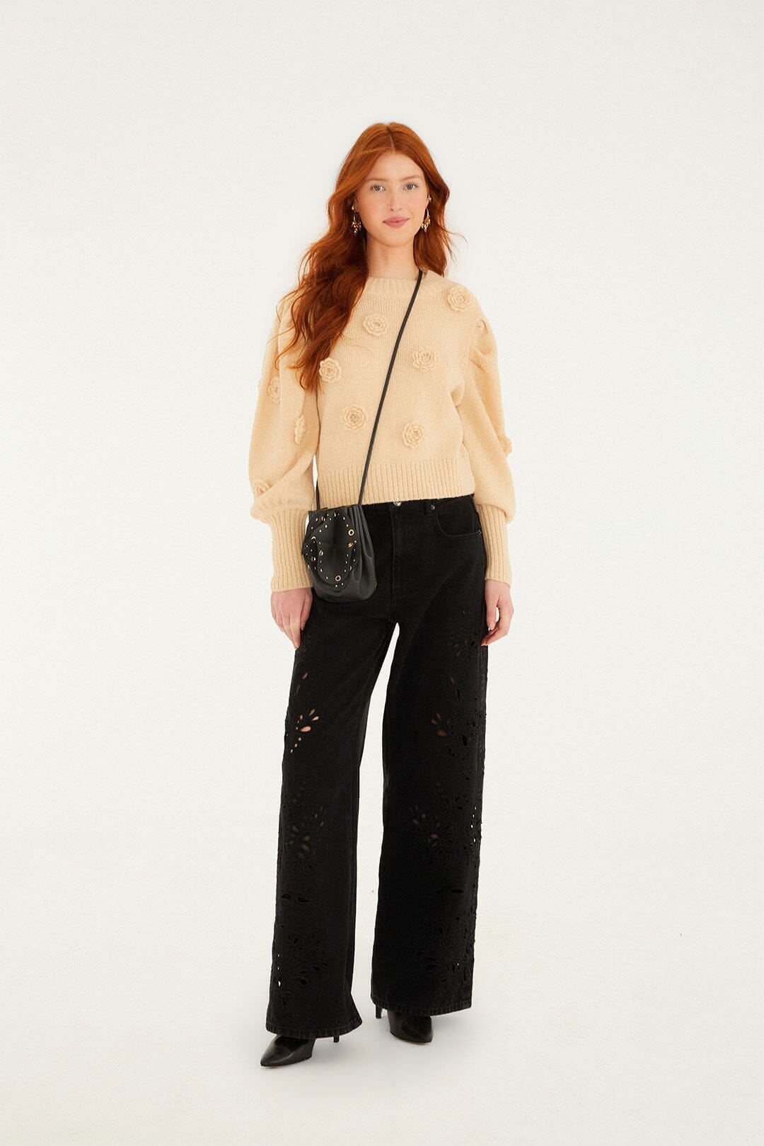 FARM Rio Sale by Type Sand Crochet 3d Flower Dropped Shoulder Knit Sweater