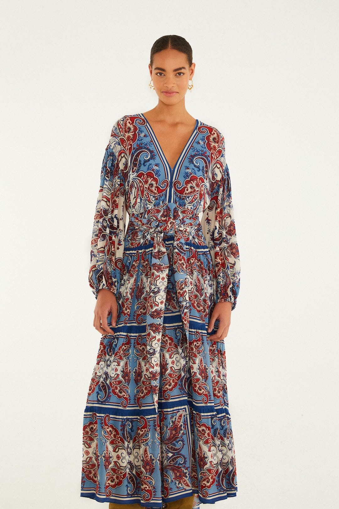 FARM Rio Sale Dresses Blue Paisley Scarf Long Sleeve Maxi Dress