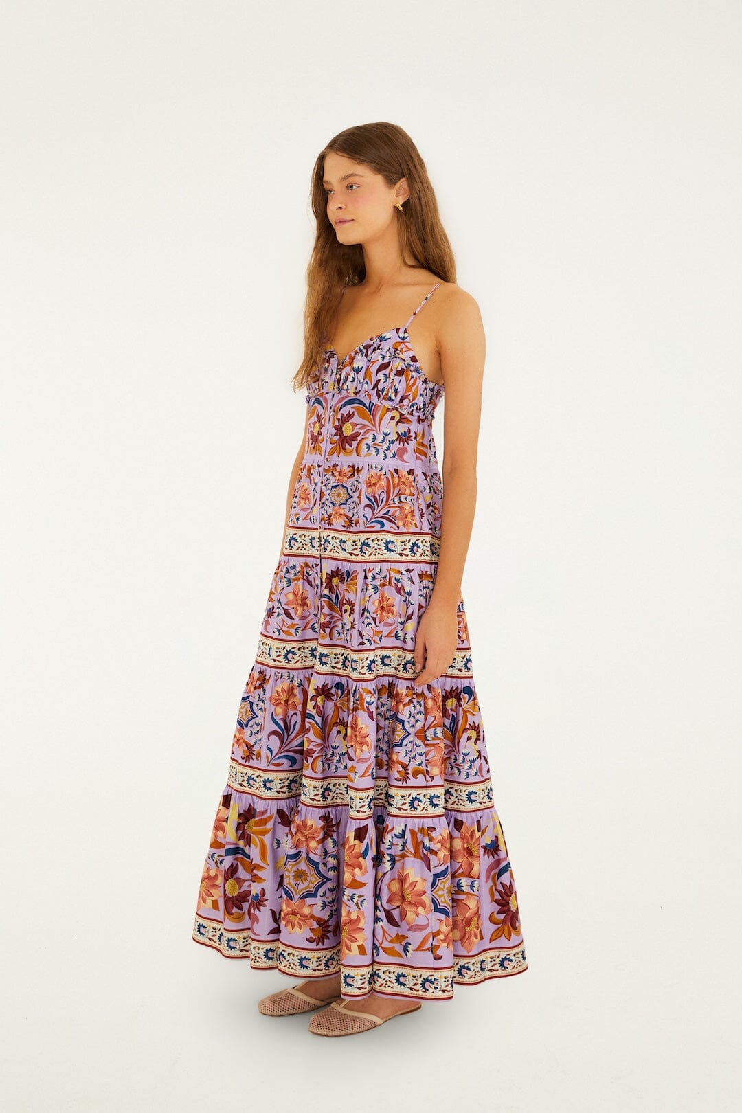 FARM Rio Shop Lilac Flower Tiles Sleeveless Tiered Maxi Dress