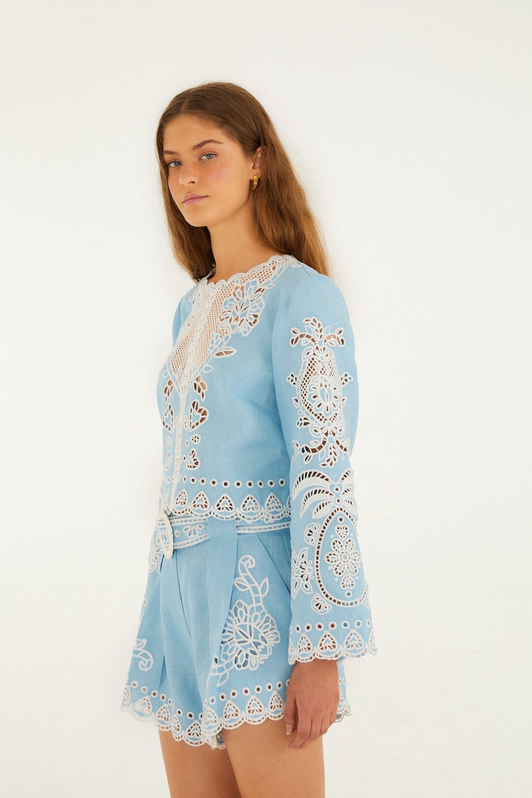 FARM Rio Shop Light Blue Romantic Richelieu Euroflax Premium Linen Blouse
