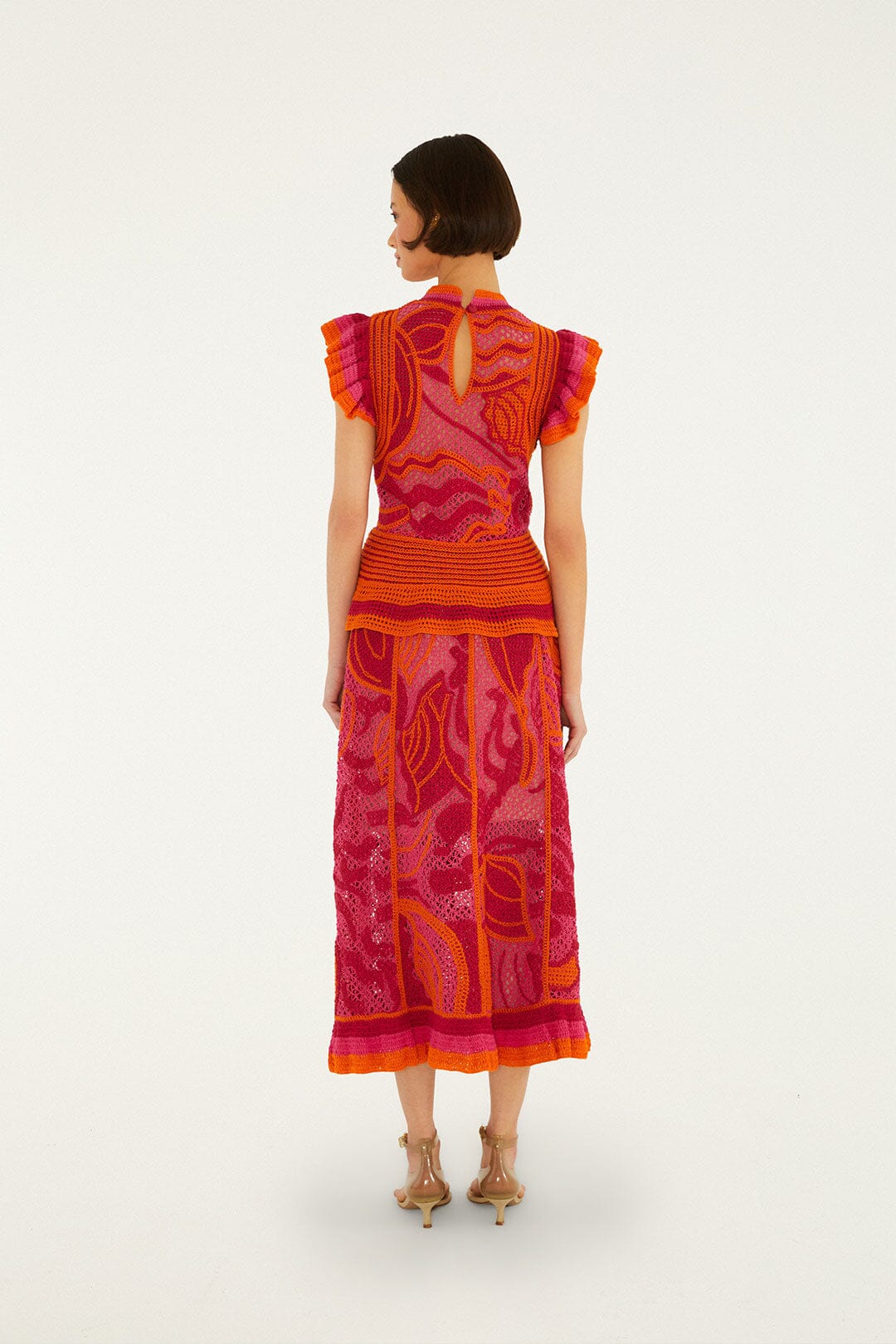 FARM Rio Shop Pink And Orange Seashell Crochet Midi Skirt