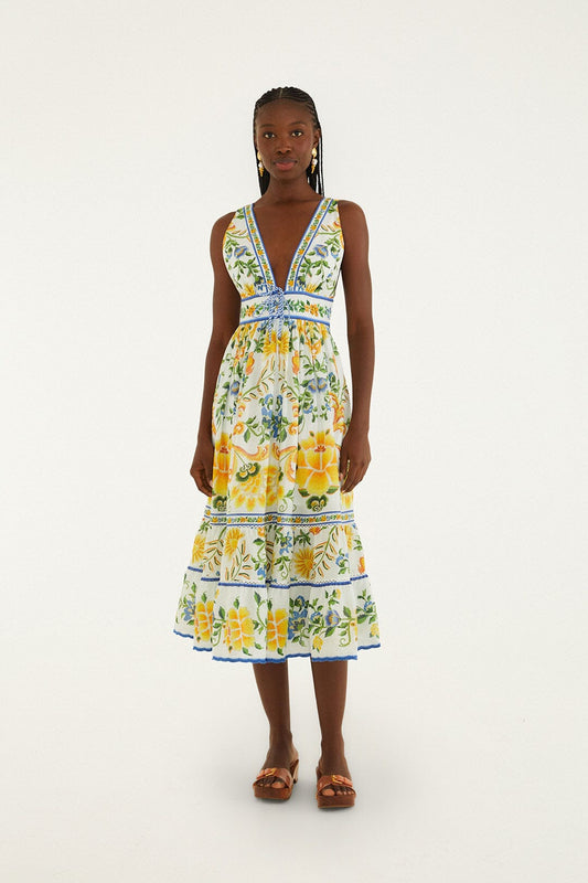 FARM Rio Shop Off-White Emily Floral Tapestry Rope Ties Midi Dress