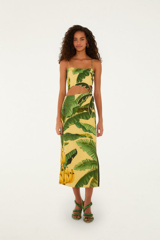 FARM Rio Shop Soft Yellow Banana Leaves Maxi Dress