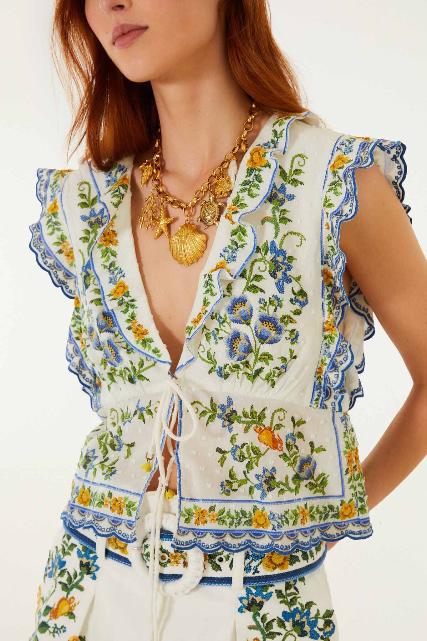 FARM Rio Shop Off-White Emily Floral Tapestry Drawstring Blouse