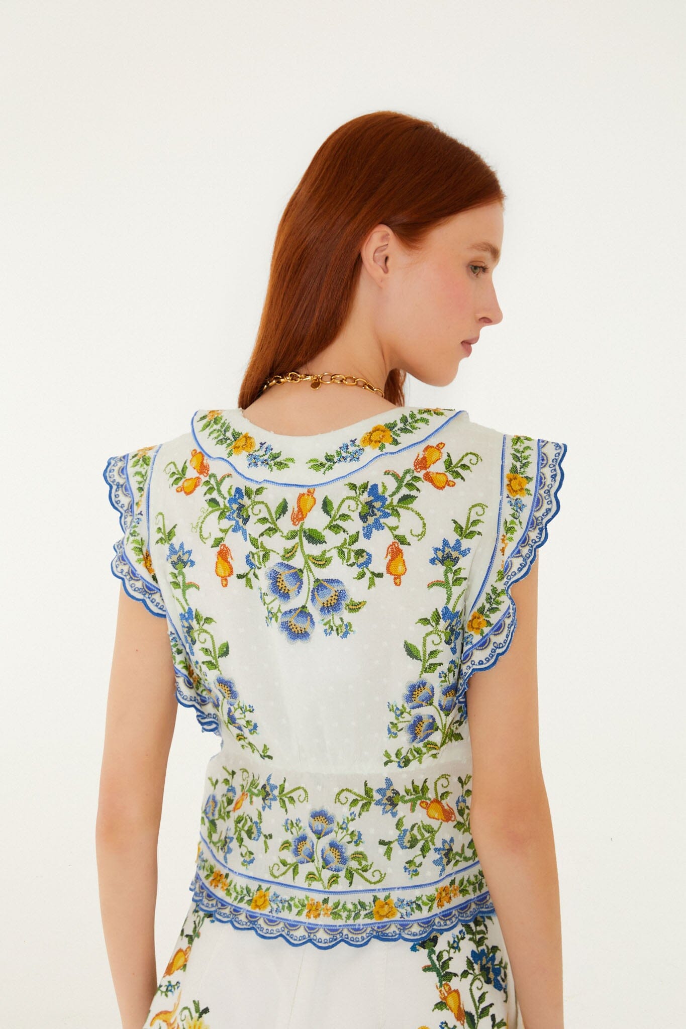 FARM Rio Shop Off-White Emily Floral Tapestry Drawstring Blouse