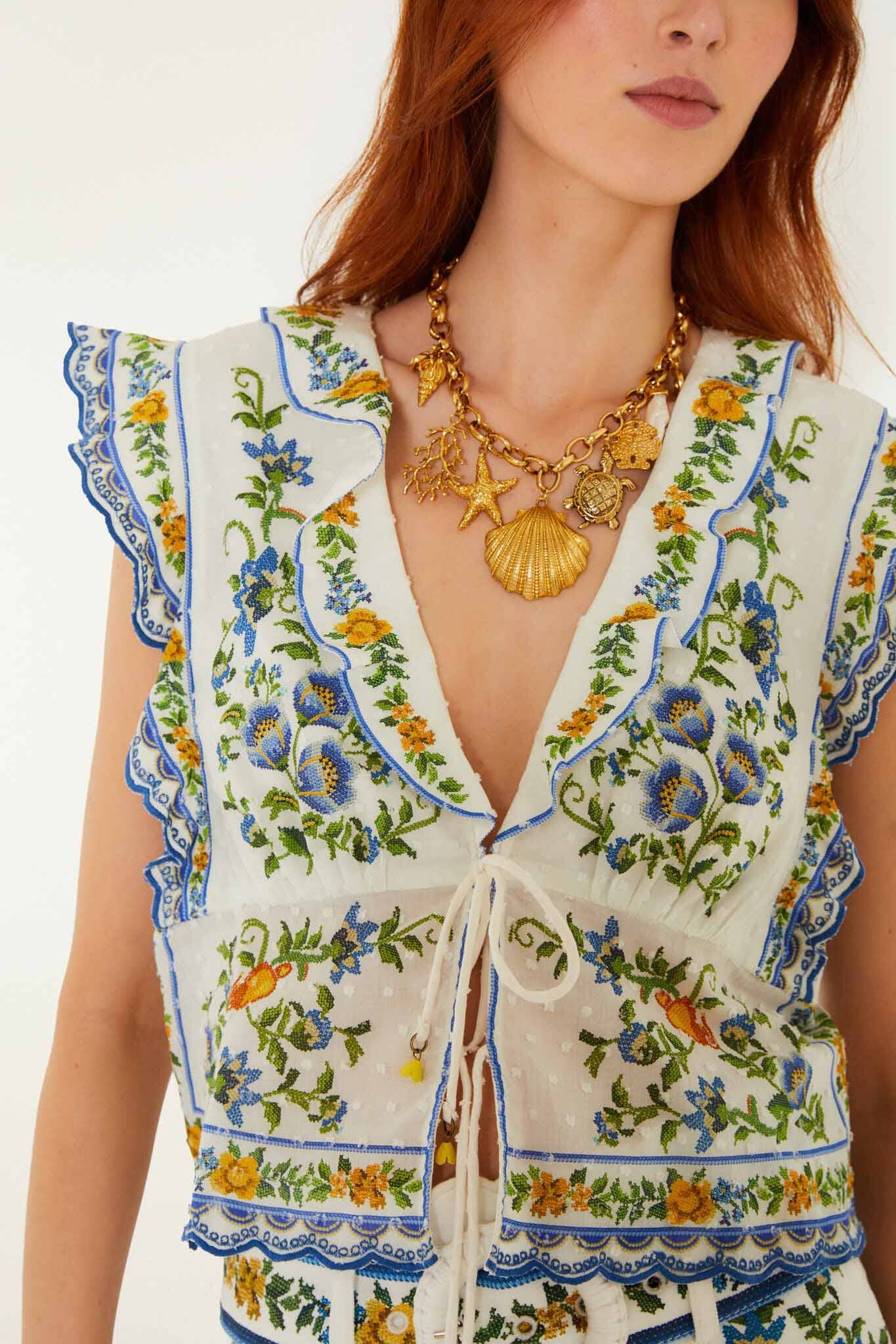 FARM Rio Shop Off-White Emily Floral Tapestry Drawstring Blouse