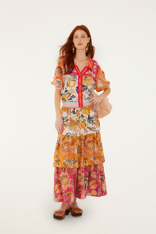 FARM Rio Shop Multicolor Ligia Floral Mix Layered Lenzing Ecovero Euroflax Midi Skirt