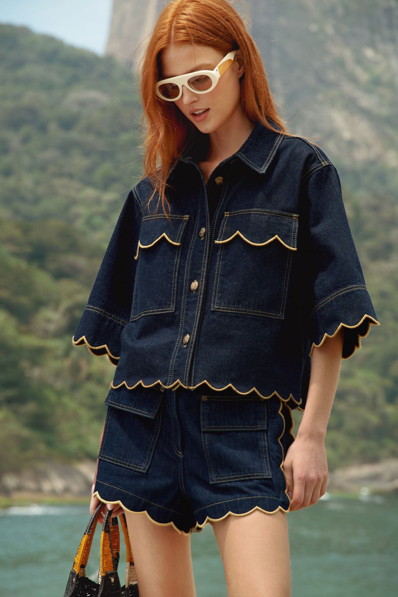 FARM Rio Shop Dark Denim Wavy Hem Short Sleeve Shirt
