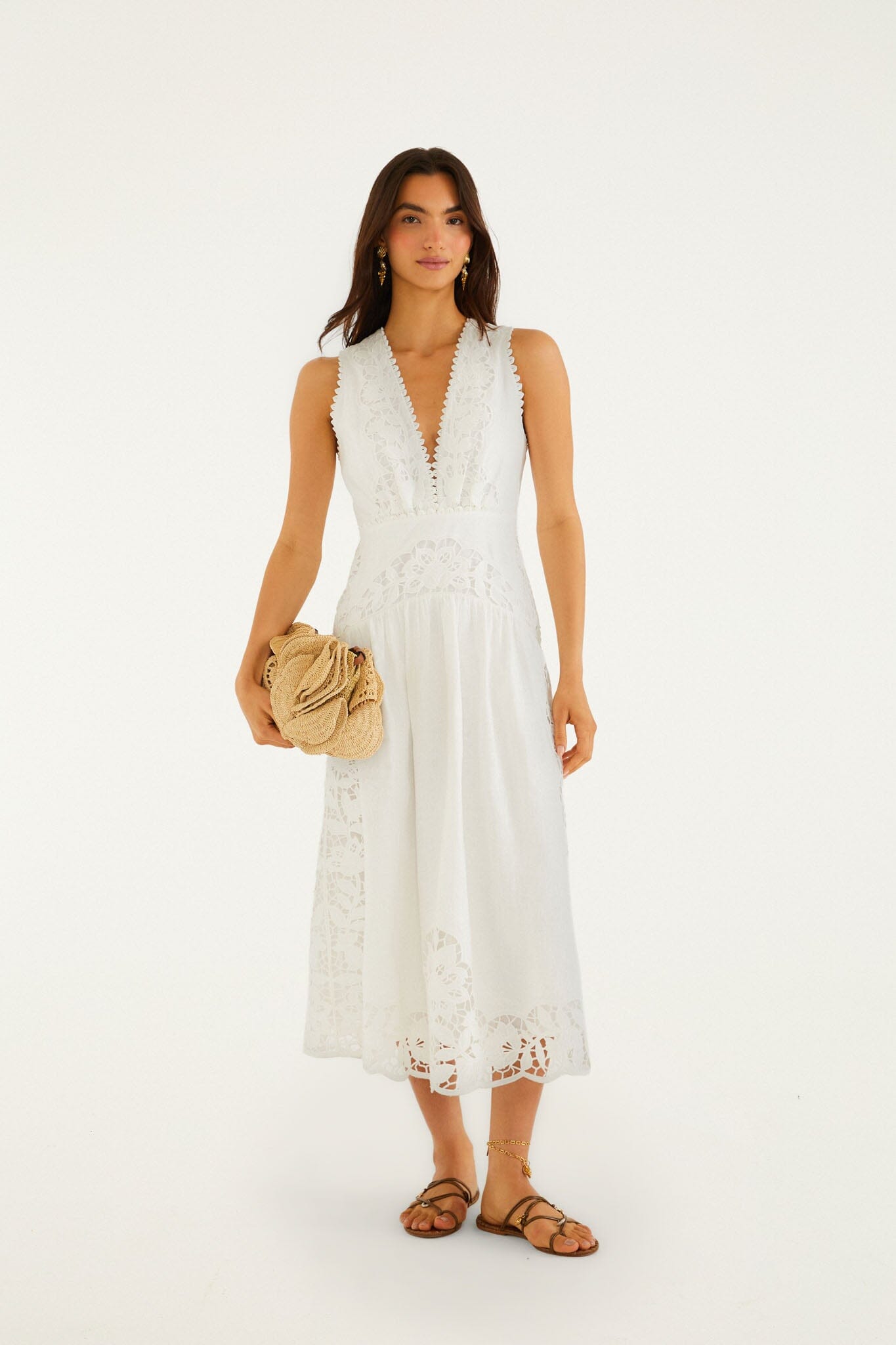 FARM Rio Shop Off-White Richelieu V Neck Sleeveless Midi Dress