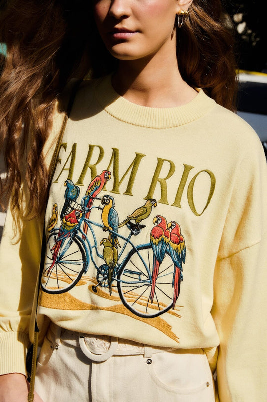 FARM Rio Shop Yellow Birds Bicycle Embroidered Sweater