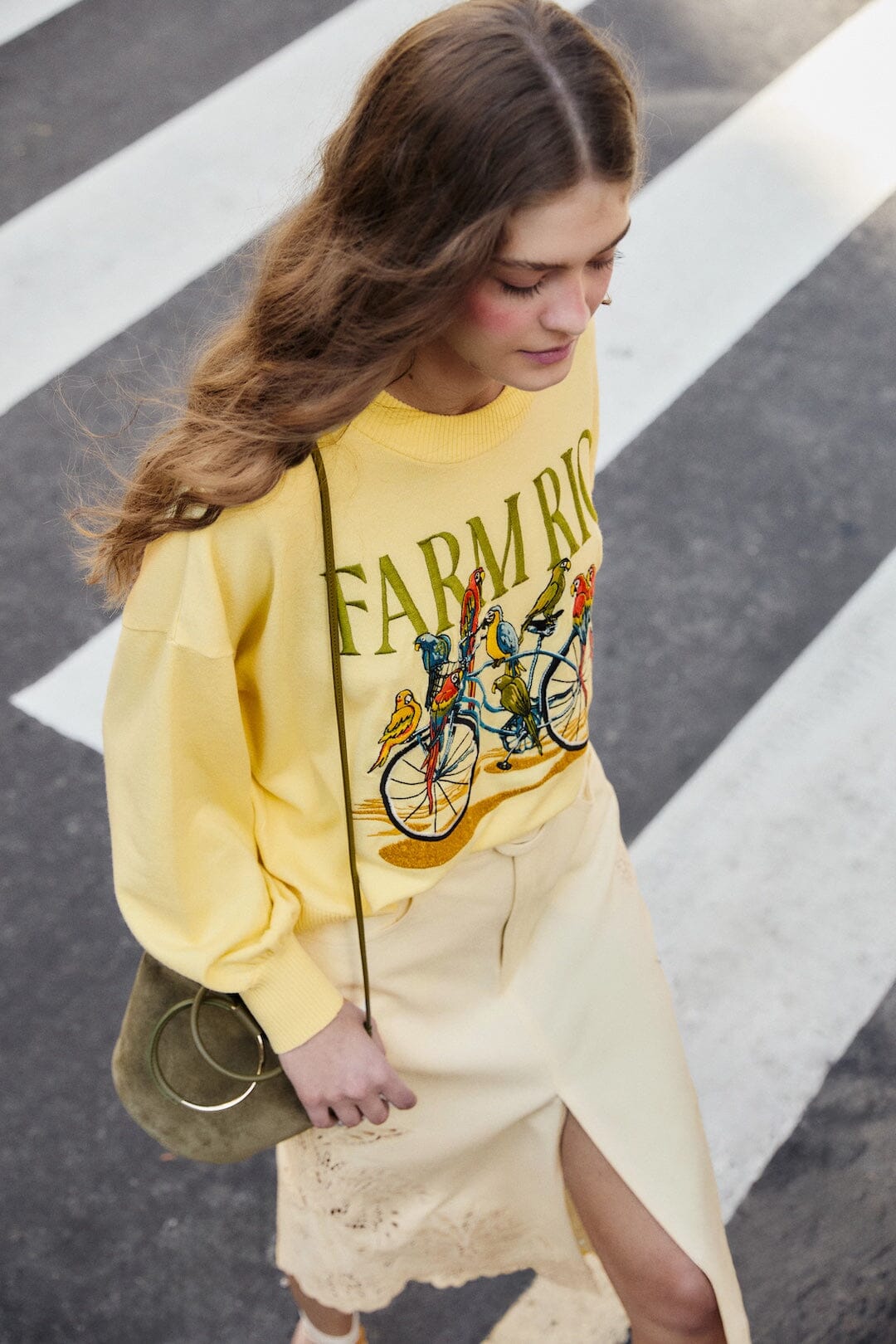 FARM Rio Shop Yellow Birds Bicycle Embroidered Sweater