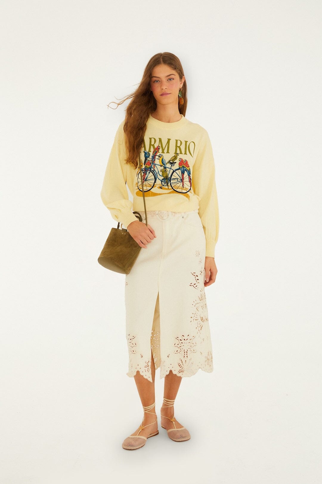 FARM Rio Shop Yellow Birds Bicycle Embroidered Sweater