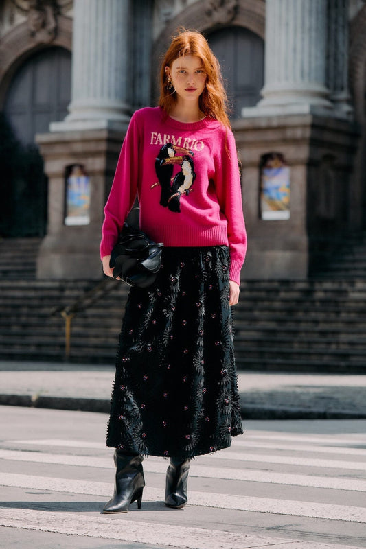FARM Rio Sale by Type Black 3d Flowers Embroidered Midi Skirt