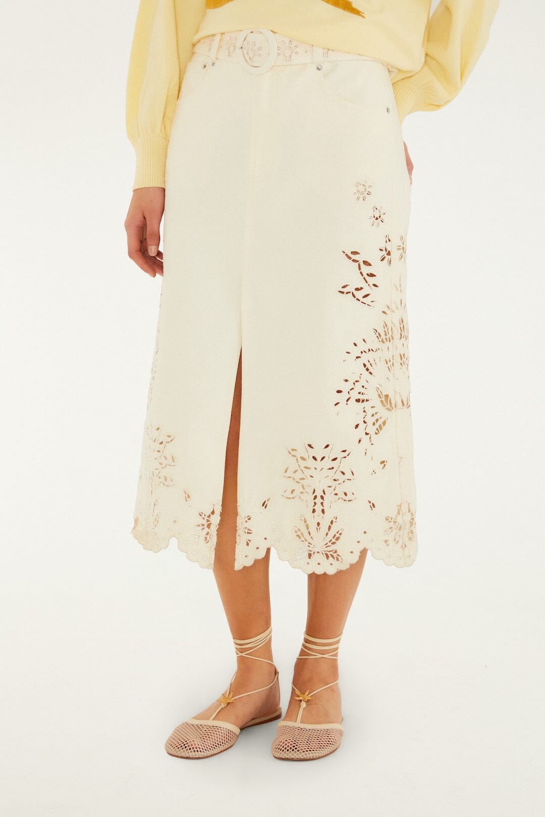 FARM Rio Shop Beige Geometric Richelieu Twill Midi Skirt