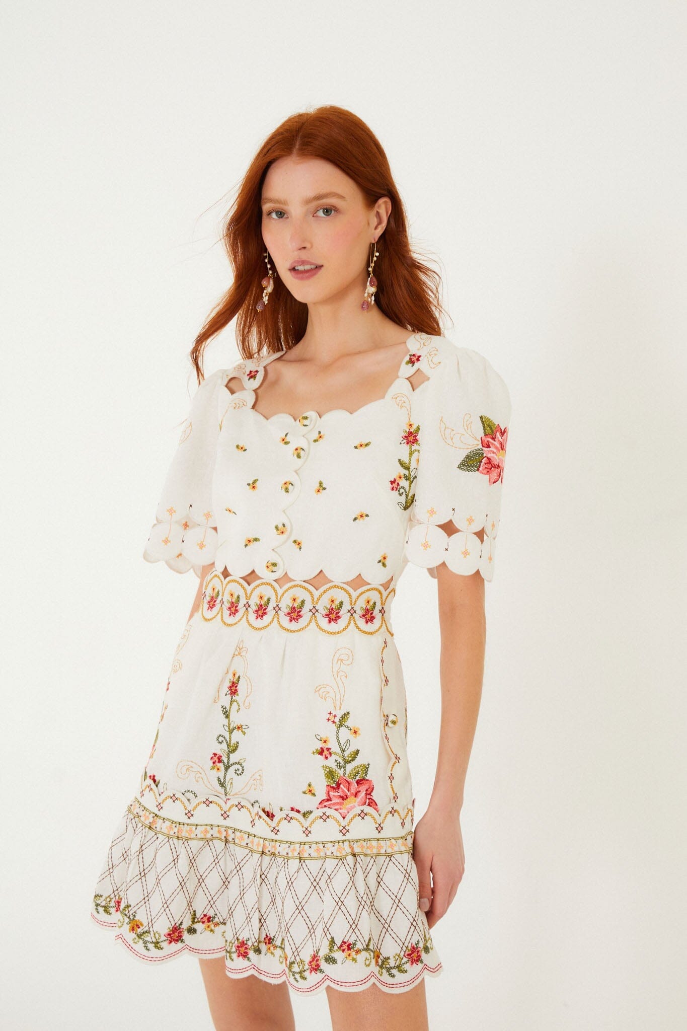 FARM Rio Shop Off-White Flower Embroidery Scalloped Mini Dress