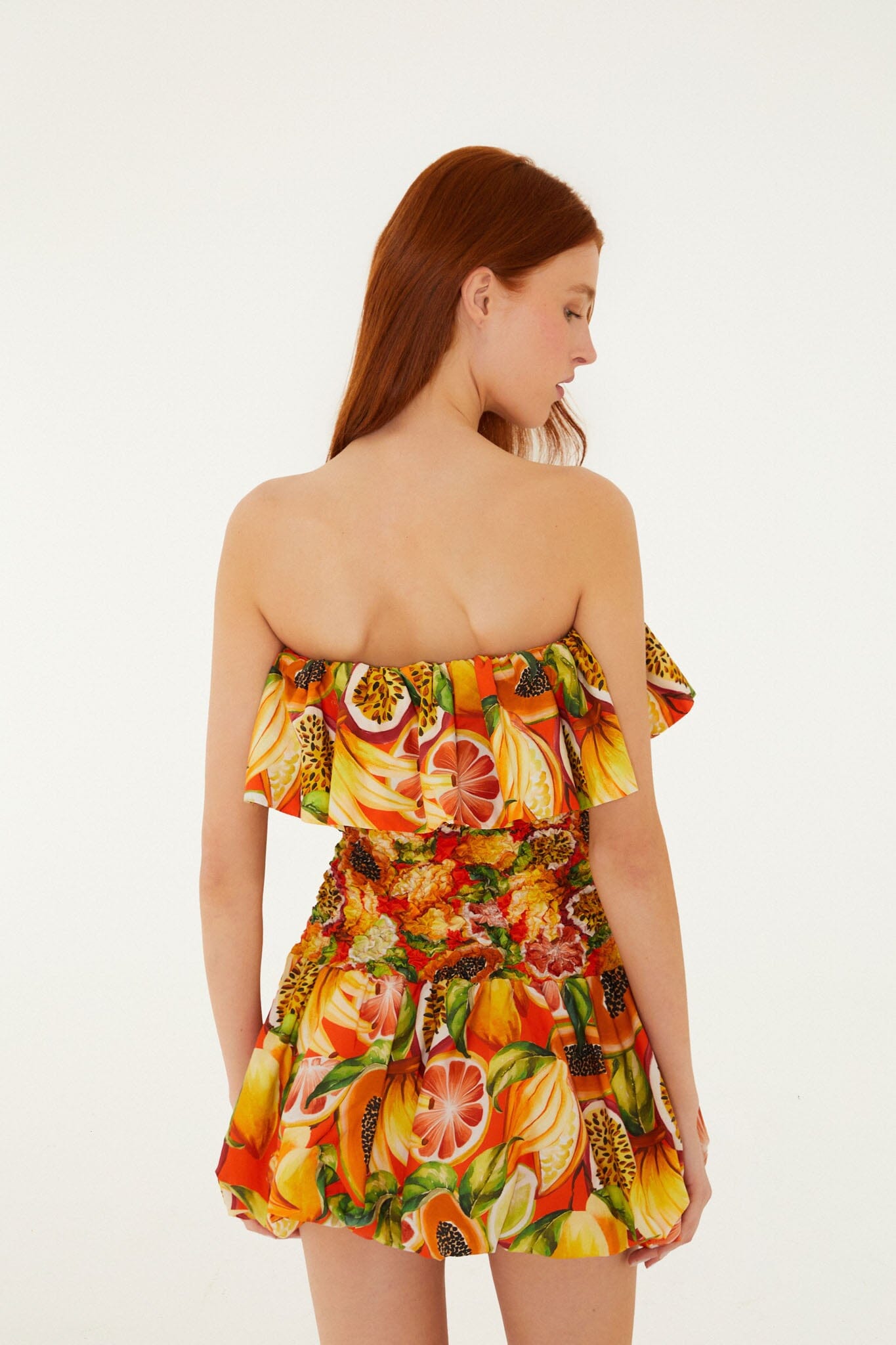 FARM Rio Shop Multicolor Fruit Garden Red Smocked Balloon Mini Dress