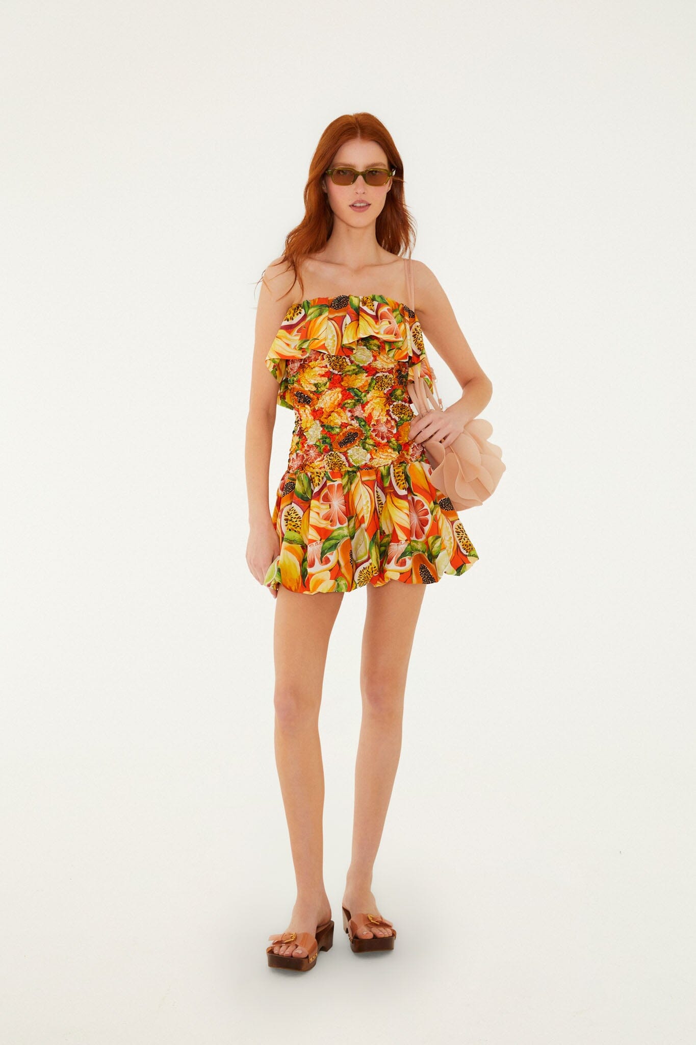FARM Rio Shop Multicolor Fruit Garden Red Smocked Balloon Mini Dress