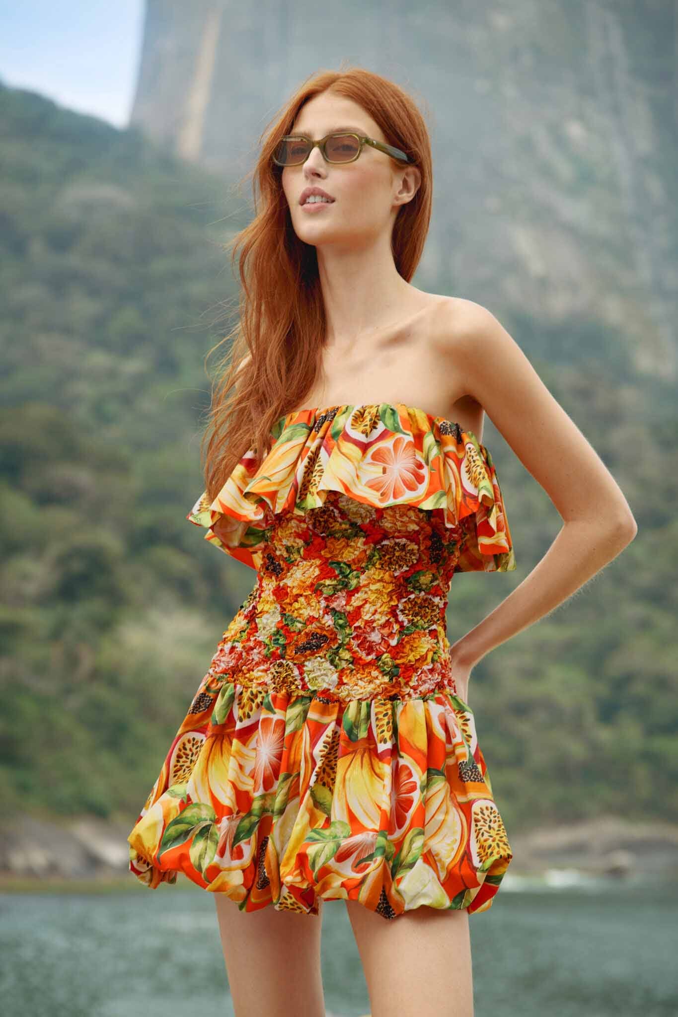 FARM Rio Shop Multicolor Fruit Garden Red Smocked Balloon Mini Dress