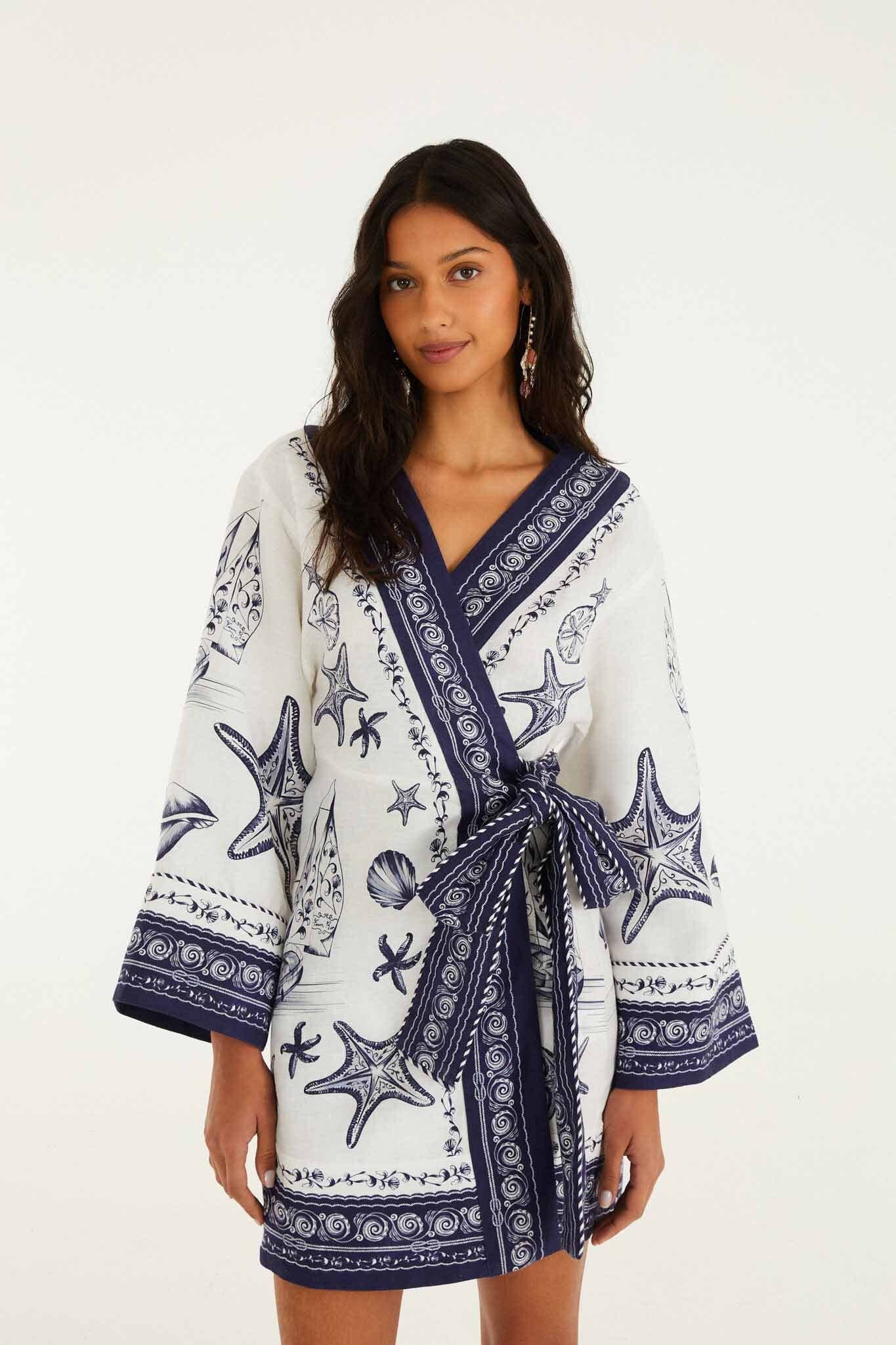 FARM Rio Shop Off-White Coast Scarf Euroflax Premium Linen Mini Dress