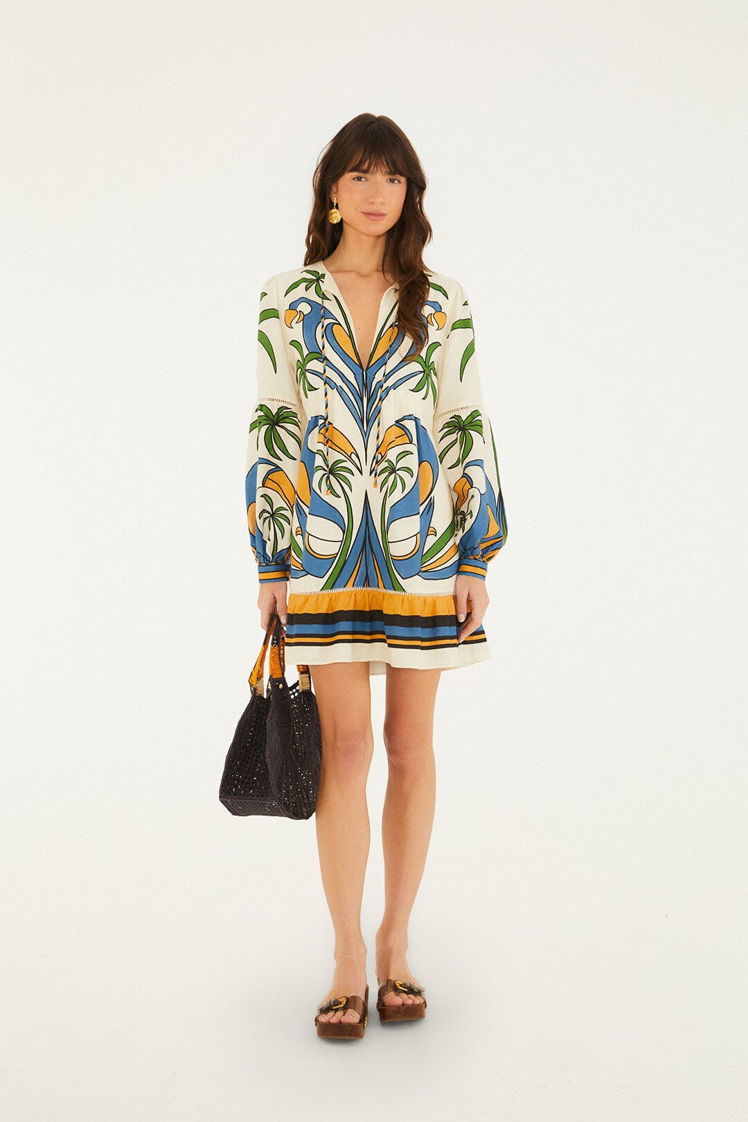 FARM Rio Shop Sand Tropical Graphic Lace Ruffled Mini Dress