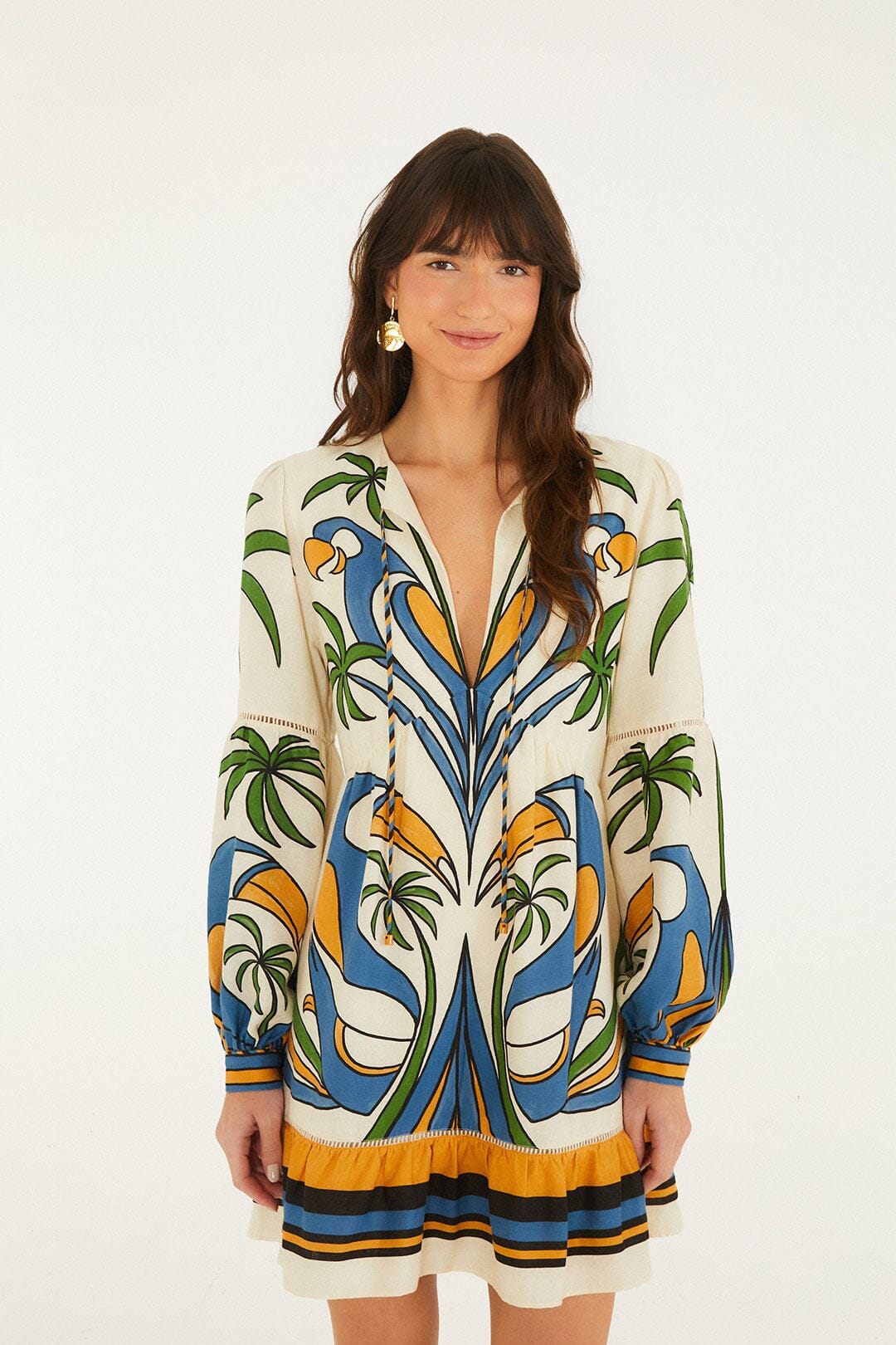 FARM Rio Shop Sand Tropical Graphic Lace Ruffled Mini Dress
