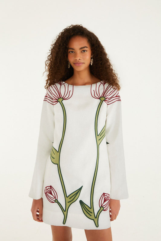 FARM Rio Shop Off-White Flower Embroidered Long Sleeve Mini Dress