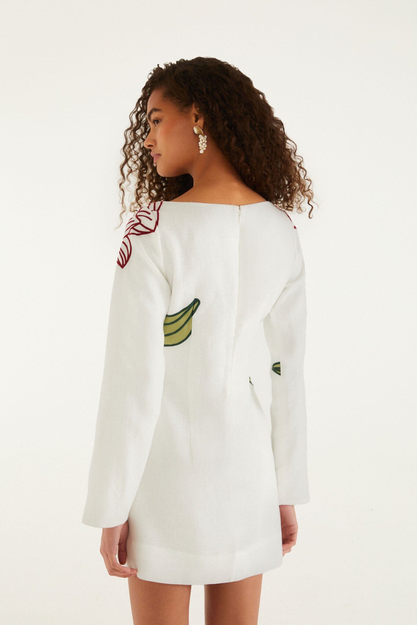 FARM Rio Shop Off-White Flower Embroidered Long Sleeve Mini Dress