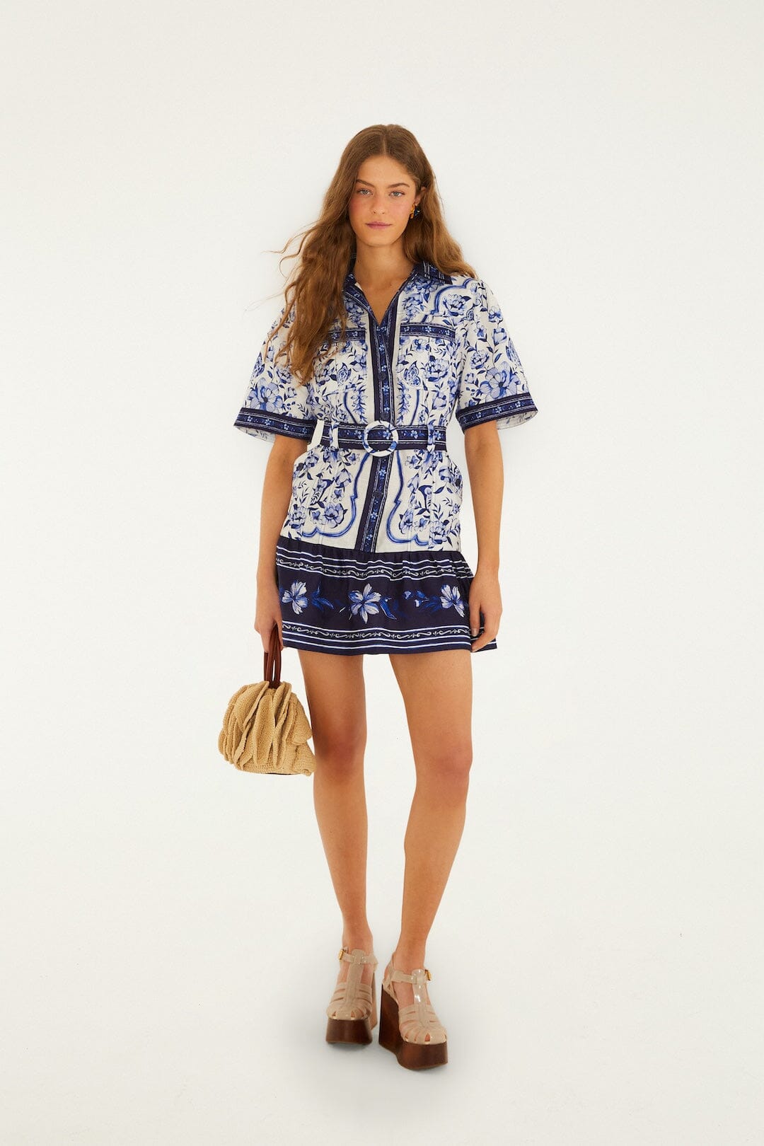 FARM Rio Shop Off-White Porcelain Garden Euroflax Premium Linen Mini Dress