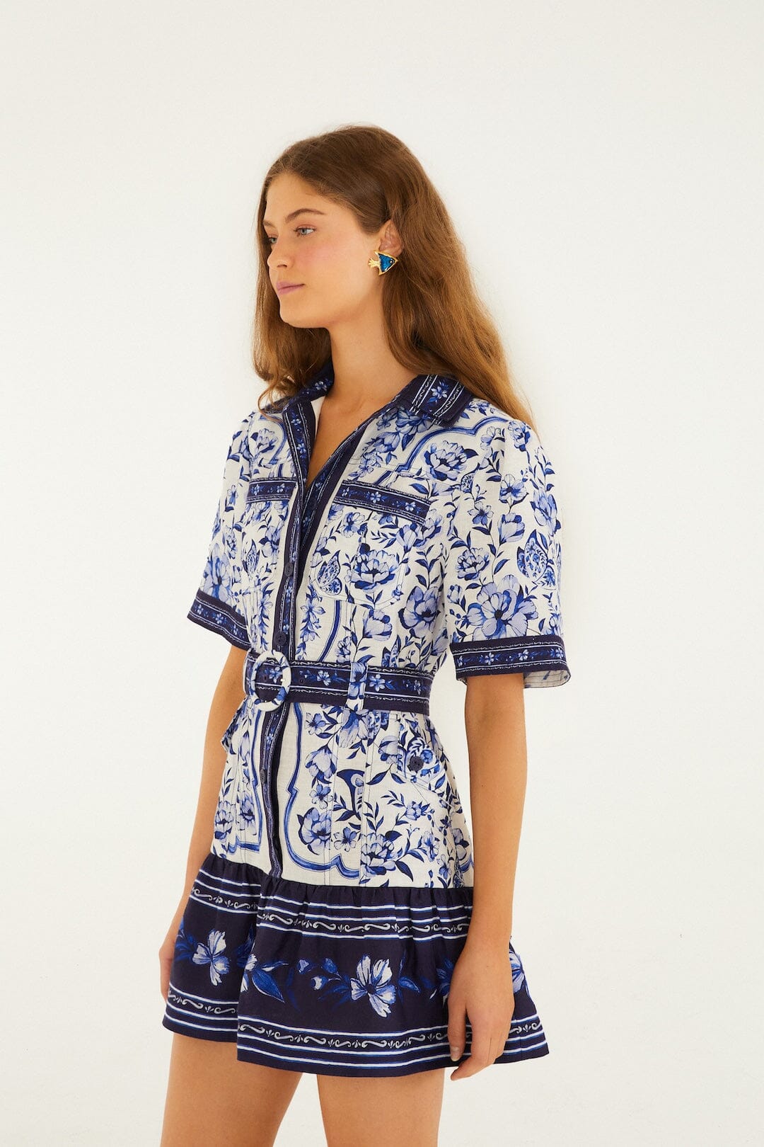 FARM Rio Shop Off-White Porcelain Garden Euroflax Premium Linen Mini Dress