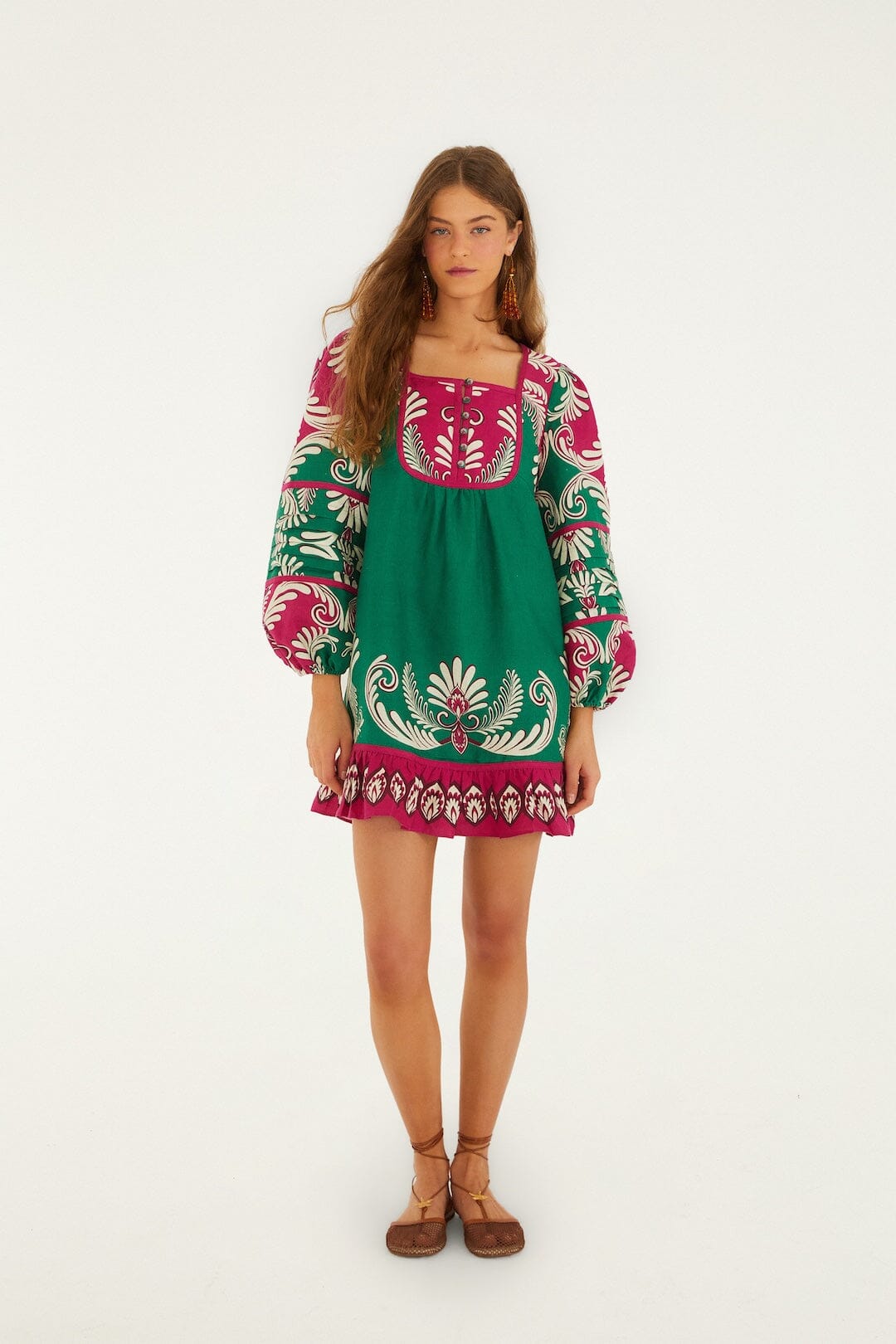FARM Rio Shop Multicolor Spring Arabesc Long Sleeve Euroflax Premium Linen Mini Dress