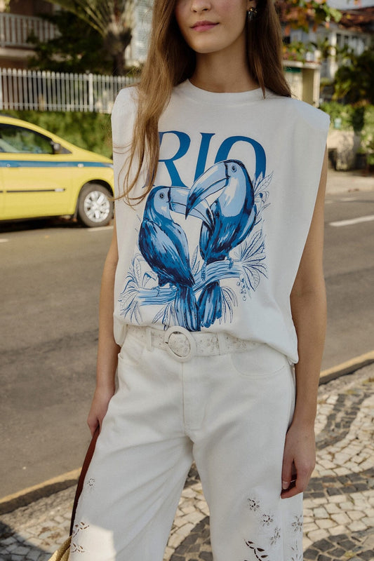 FARM Rio Shop Off-White Toucan Rio Padded Shoulder Organic Cotton T-Shirt