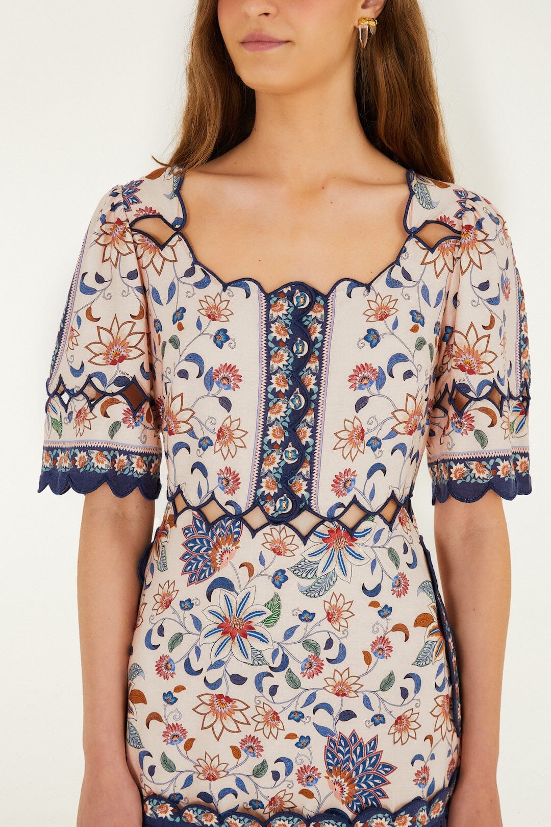 FARM Rio Shop Pink Floral Delhi Tapestry Scallop Cut-Out Mini Dress