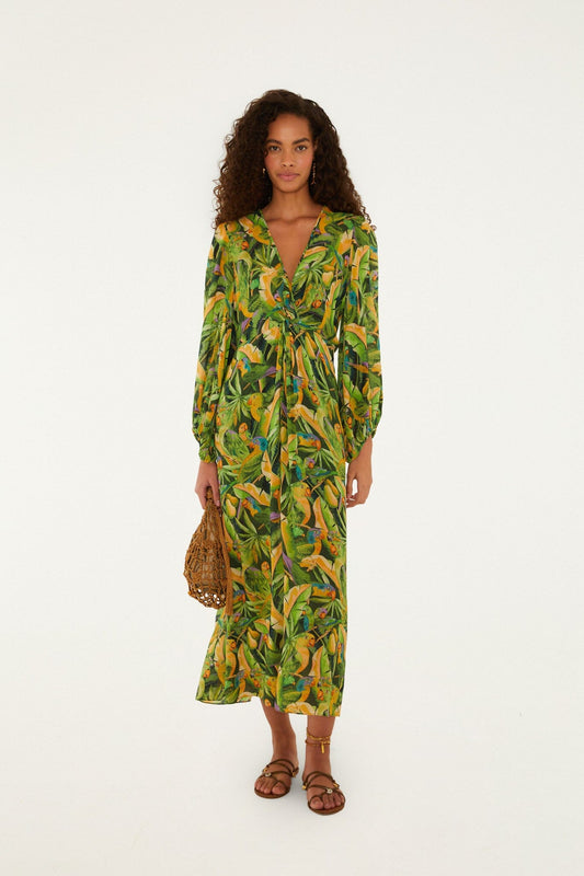 FARM Rio Shop Forest Green Parrots Long Sleeve Dress