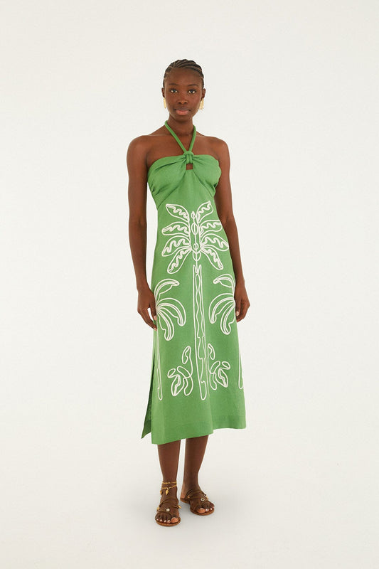 FARM Rio Shop Green Palm Tree Embroidered Midi Dress