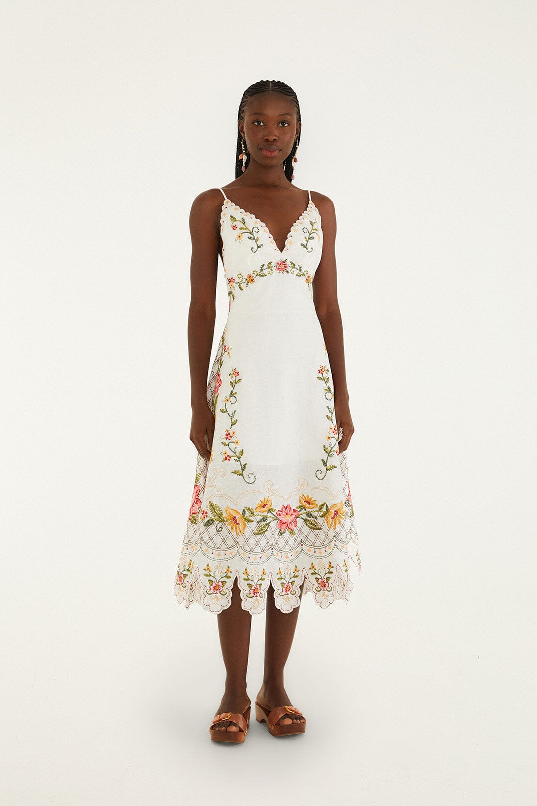 FARM Rio Shop Off-White Flower Embroidery Asymetric Hem Midi Dress