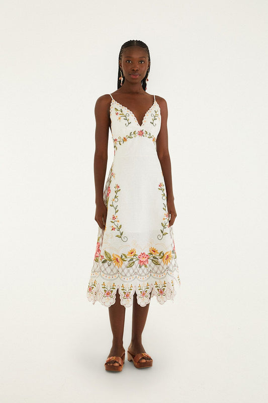 FARM Rio Shop Off-White Flower Embroidery Asymetric Hem Midi Dress