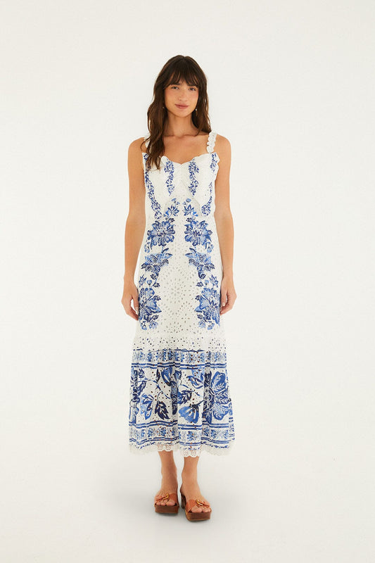 FARM Rio Shop Off-White Beautiful Nature Eyelet Midi Dress