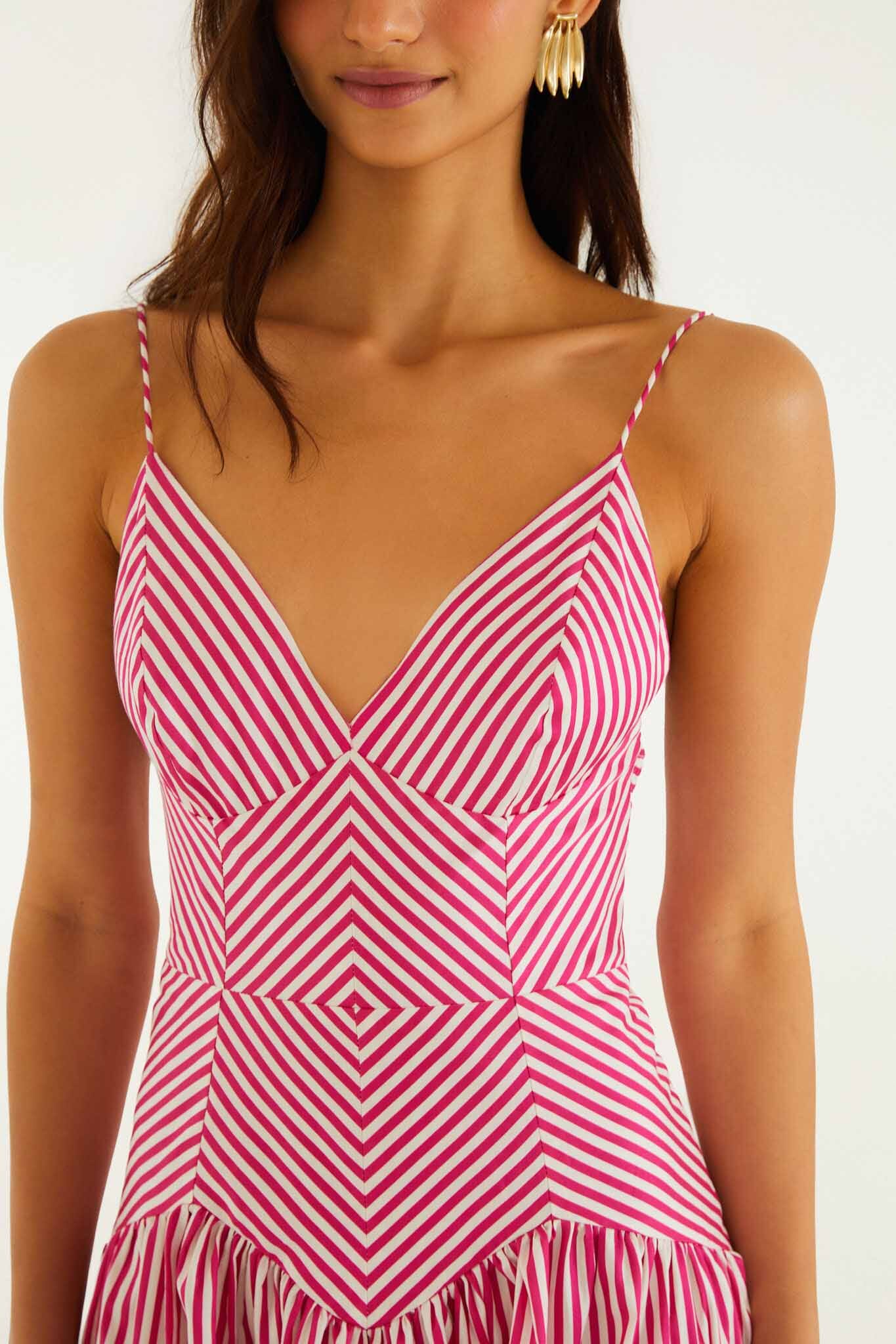 FARM Rio Shop Pink Palm Tree Stripes Cutwork Organic Cotton Midi Dress
