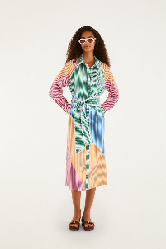 FARM Rio Shop Multicolor Stripes Embroidered Belted Organic Cotton Midi Dress