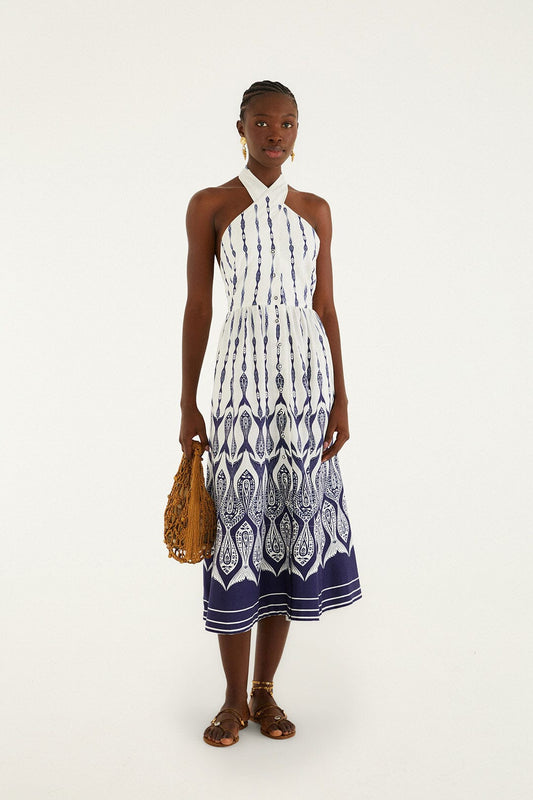 FARM Rio Shop Off-White Fishes Flow Halter Neck Lenzing Ecovero Euroflax Midi Dress