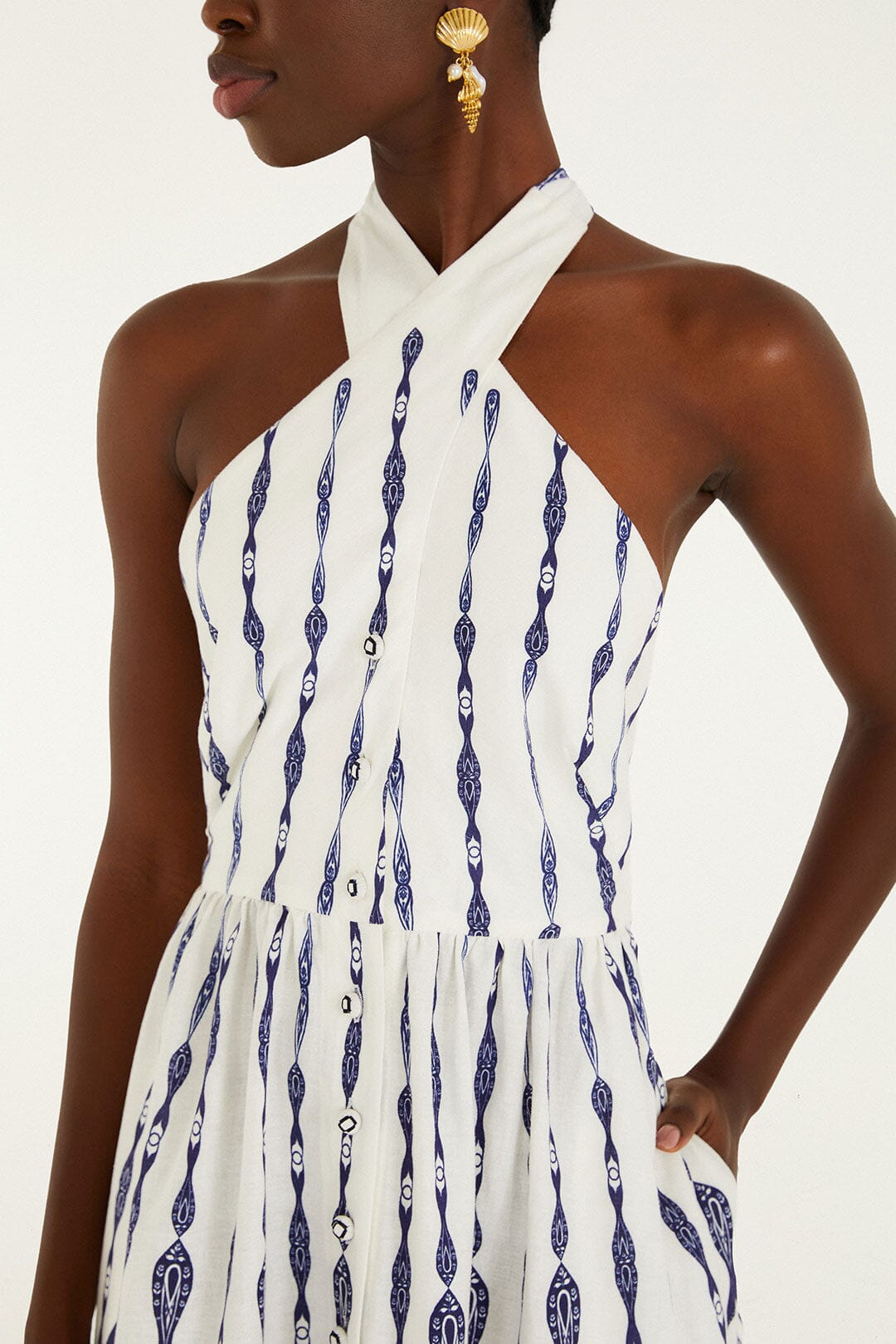 FARM Rio Shop Off-White Fishes Flow Halter Neck Lenzing Ecovero Euroflax Midi Dress